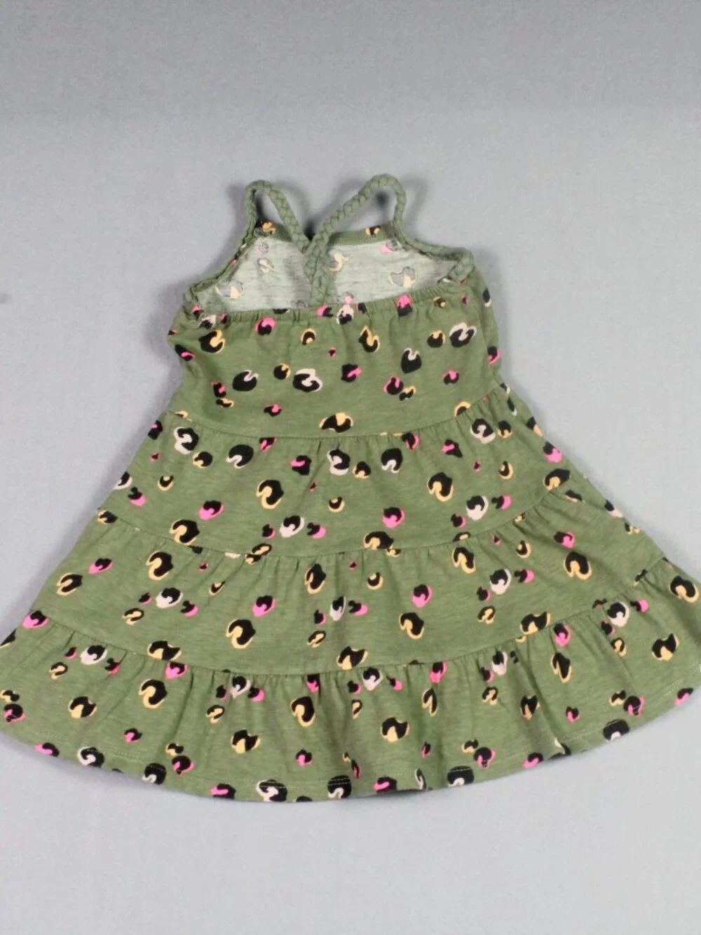 Okie Dokie 18M Olive Sage Green Leopard Braided Strap Tiered Dress GUC